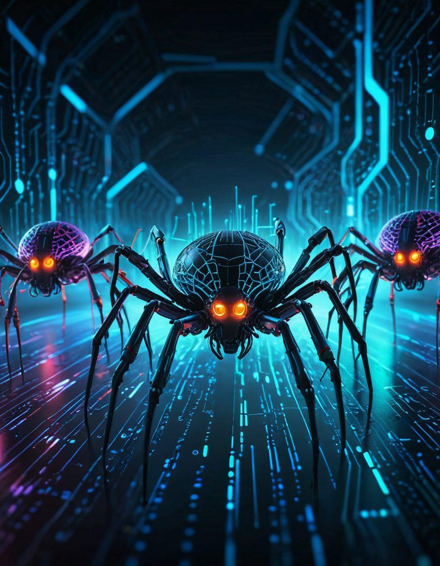 A dynamic scene where robotic spiders with glowing eyes are spinning webs made of data streams, connecting various websites to a central, futuristic data hub. Each web strand is composed of binary code and digital elements, highlighting the theme of web scraping. sharp details. cyberpunk. vibrant colors. 3D.